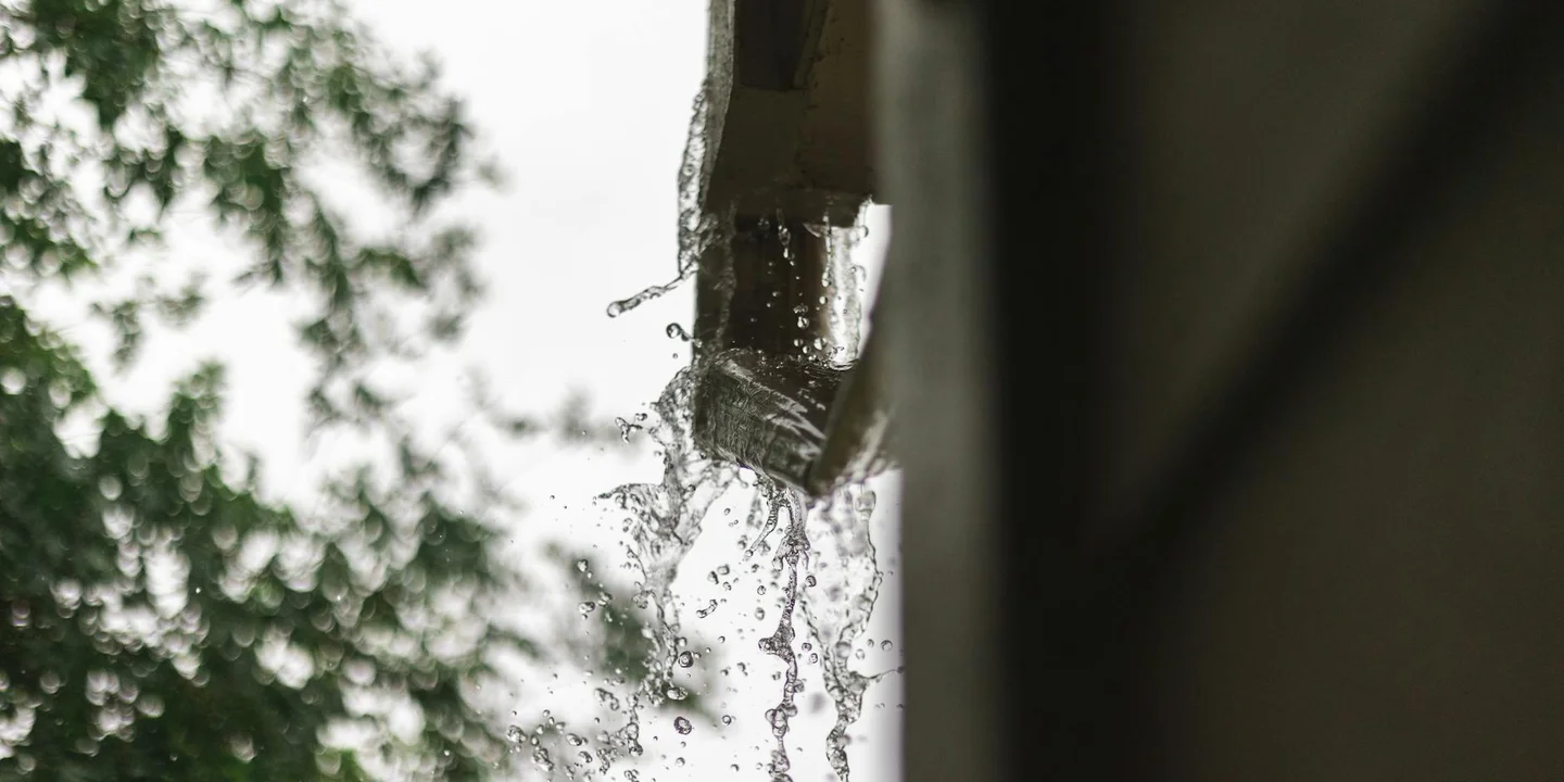 Close-up of water dripping from a gutter edge on a roof, with out-of-focus trees in the background.