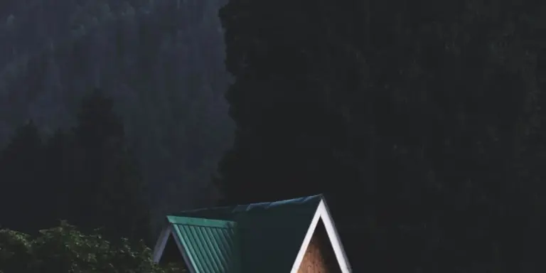 Green metal A-frame roof with white trim against a dark forest backdrop