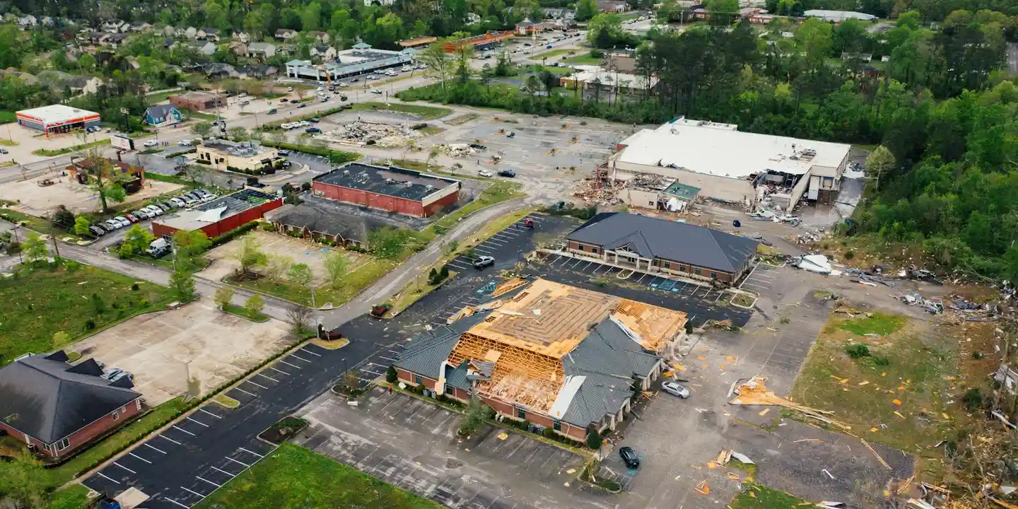 Aerial view of a suburban area showing a building with exposed, damaged roofing and surrounding structures, highlighting vulnerabilities that wildlife can exploit to enter roofs.