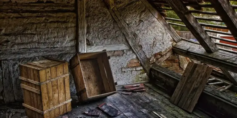 Attic with exposed wooden rafters, weathered walls, and scattered lumber and debris, illustrating a workspace where old roof materials are removed and cleanup begins.