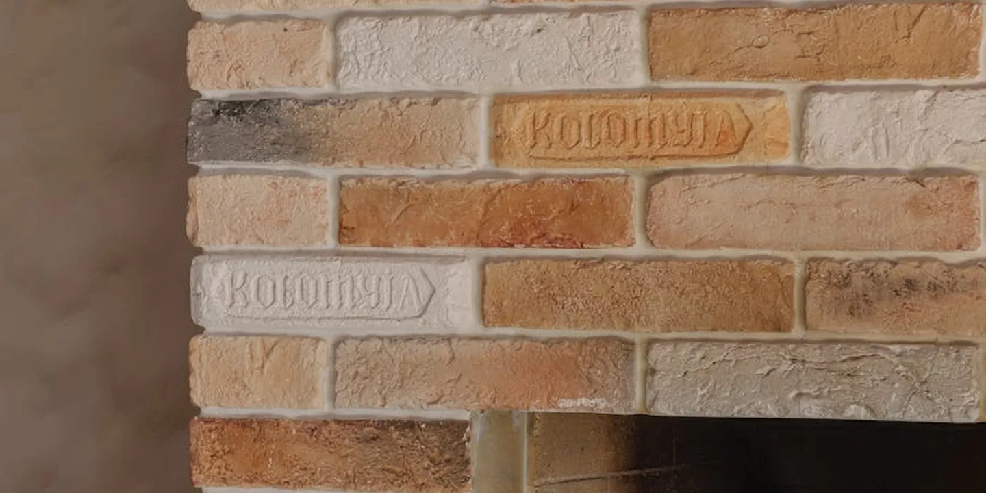 Close-up of a brick chimney exterior with varied bricks and mortar joints.