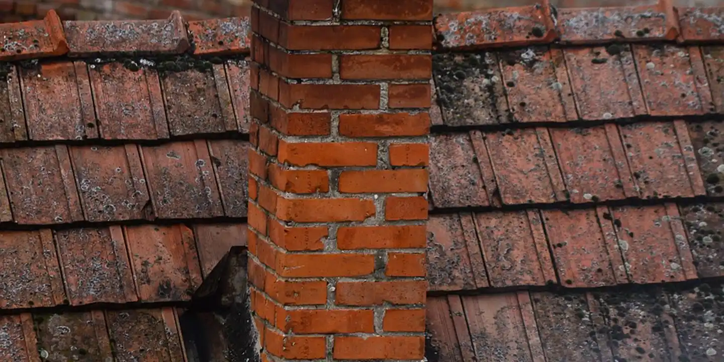 Close-up of a brick chimney on a weathered tiled roof, showing aged bricks and mortar.