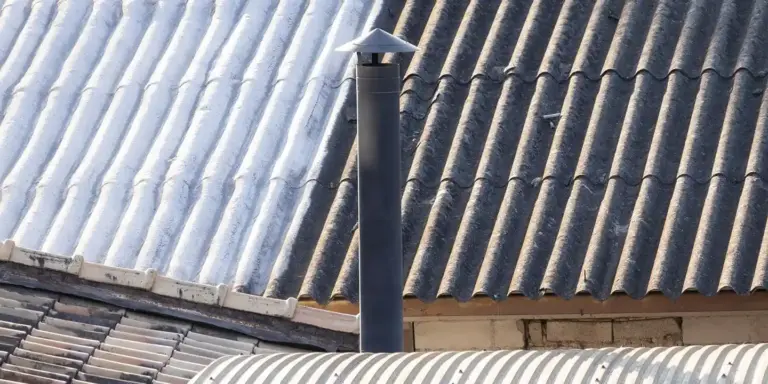 Vertical metal chimney vent rising through a corrugated roof, illustrating potential drafting issues.