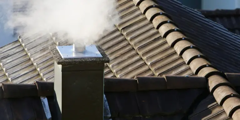 Chimney on a tiled roof with smoke rising from the stack