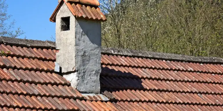 Exterior view of a chimney rising from a red clay tile roof with a small cap, under a clear blue sky.