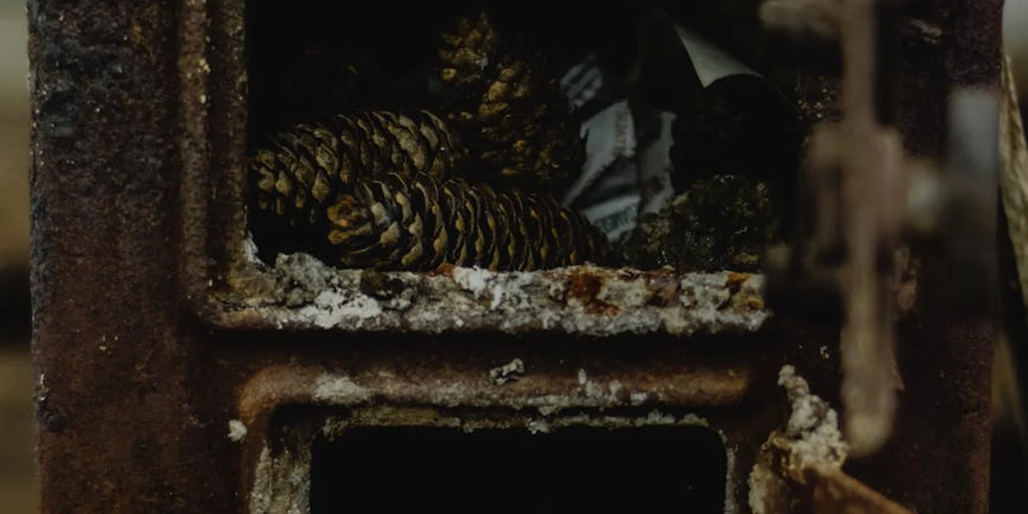 Interior of a fireplace with heavy soot and ash buildup; a pine cone rests on the grate, illustrating debris that can indicate chimney fire risk.