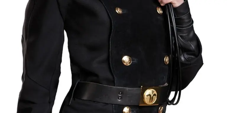 Close-up of a chimney inspector wearing a dark uniform with gold buttons, holding inspection tools.