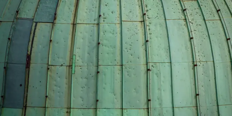 Close-up of curved metal roof panels with rows of screws showing weathering and potential leak points