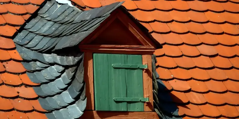 Dormer skylight with green shutters installed on a red clay tile roof.