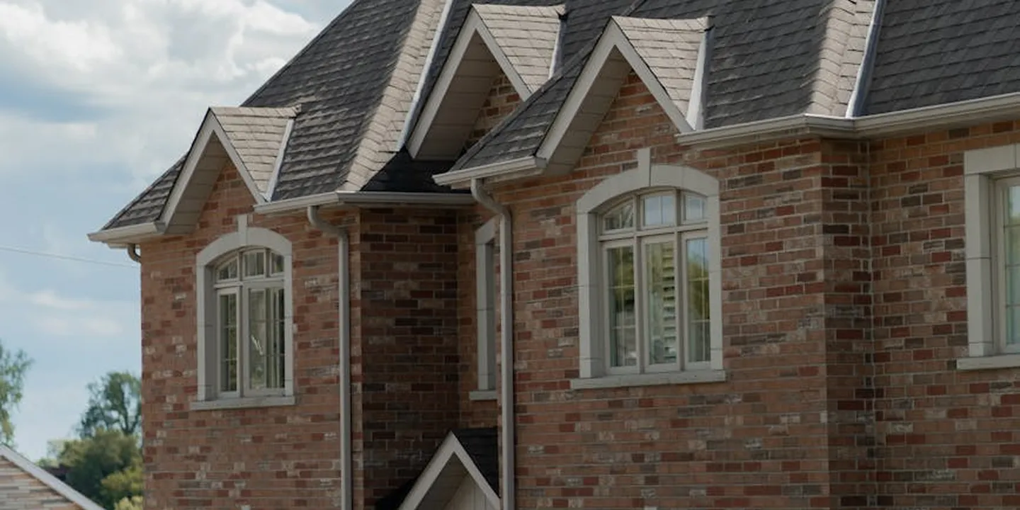 Brick house exterior with a doorway under a small gable roof and additional gabled sections along the facade.