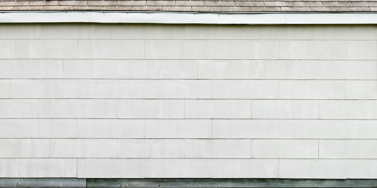 Ground-level view of a house showing the roof edge just above white siding, viewed from a safe distance.