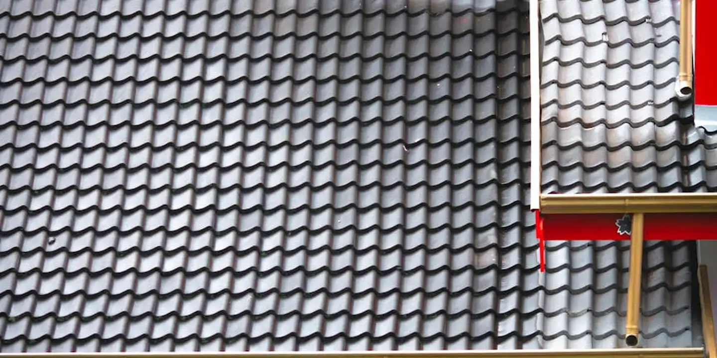 Close-up of a roof edge with interlocking shingles and a gutter along the eave, illustrating a maintenance inspection scene.