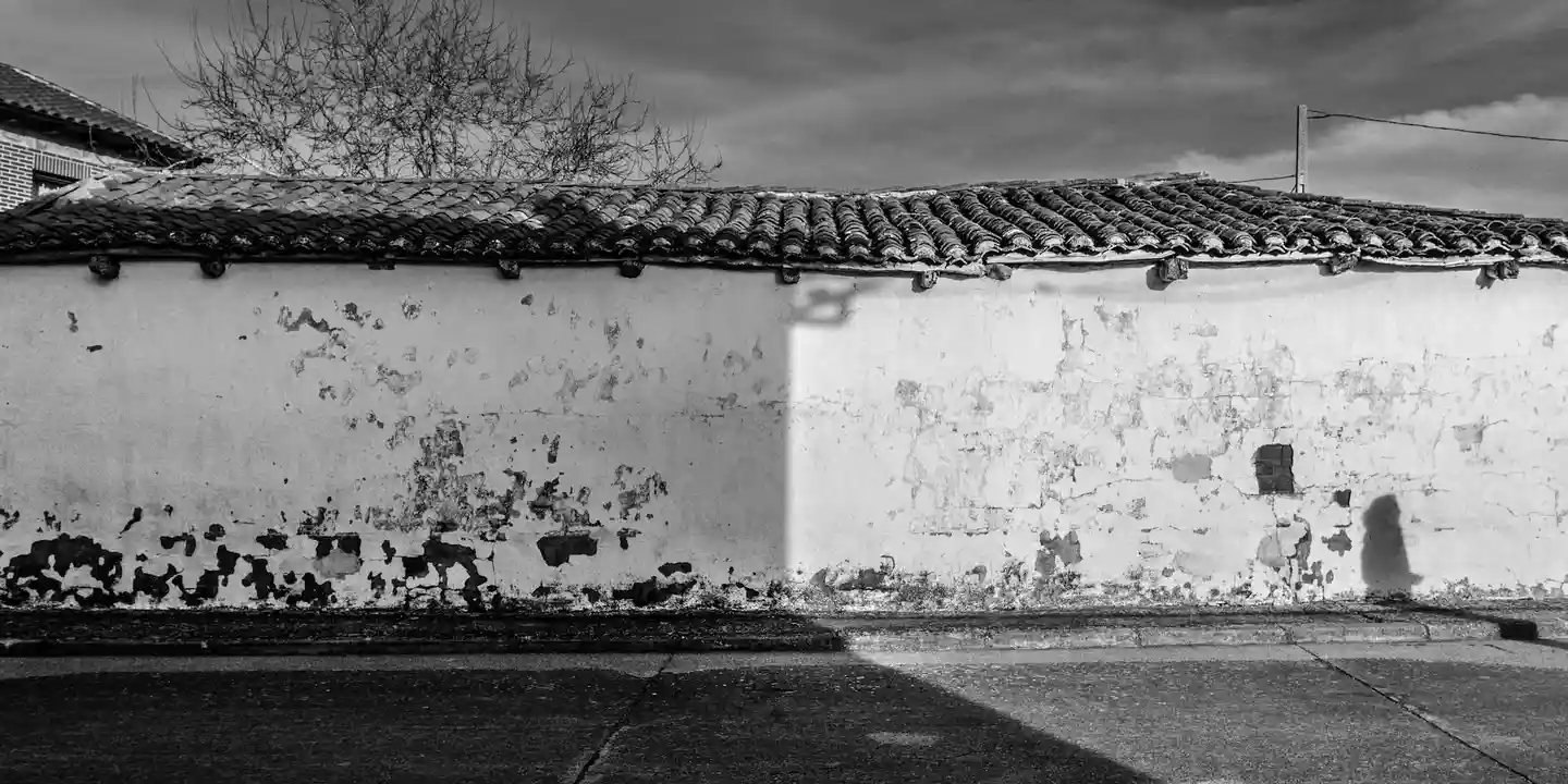 Black-and-white photograph of a weathered wall with peeling plaster and a row of clay roof tiles along the top, with a strong shadow across the center.