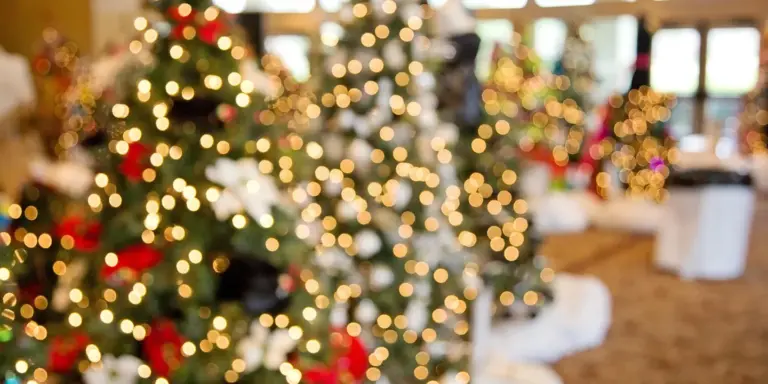 Indoor scene with twinkling Christmas tree lights and festive decorations, creating a warm holiday glow