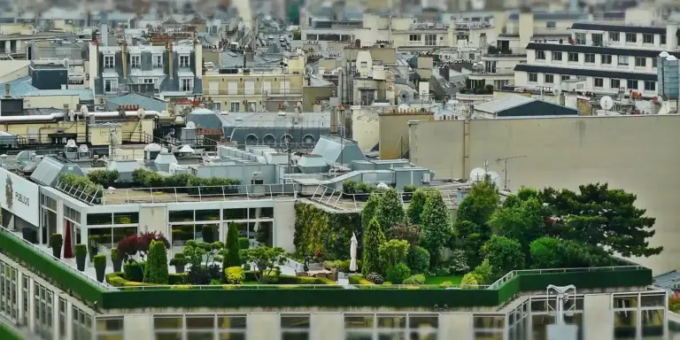 Aerial view of a dense urban area with many flat rooftops and a rooftop garden across a building