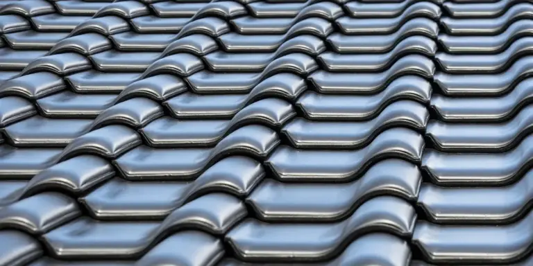 Close-up of interlocking metal roof tiles with a glossy blue-gray finish.