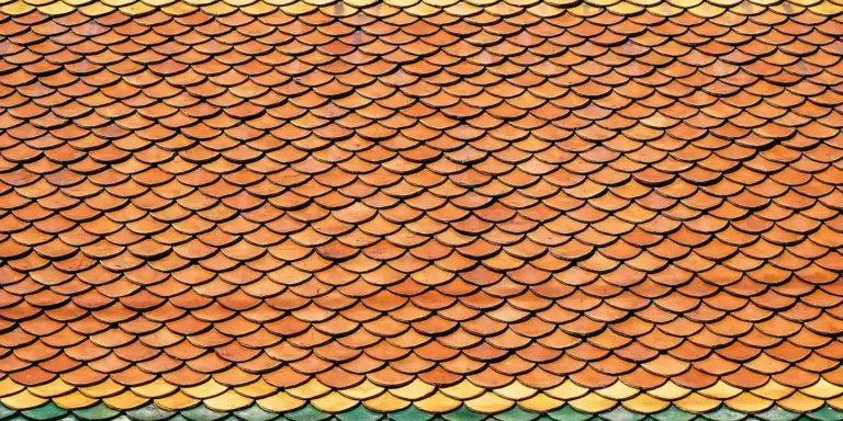 Close-up of orange scalloped roof tiles arranged in a repeating pattern.