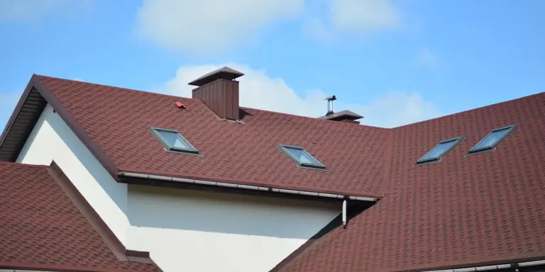 Rooftop view of a house with a red-tiled roof, multiple skylights, and a dormer-like extension, illustrating the existing structure for adding a patio or porch roof