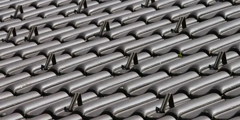 Close-up of dark gray interlocking curved roof tiles on a residential roof.