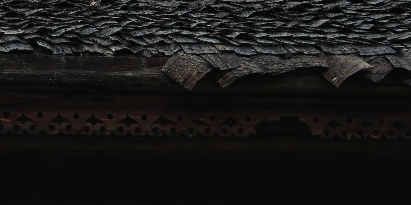 Close-up view of dark, textured roof shingles