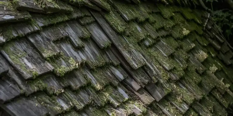 Close-up of weathered roof shingles with moss growing between them.