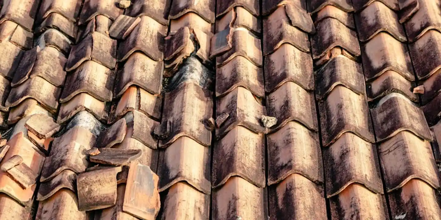 Close-up of weathered roof tiles showing wear and minor damage after a storm.