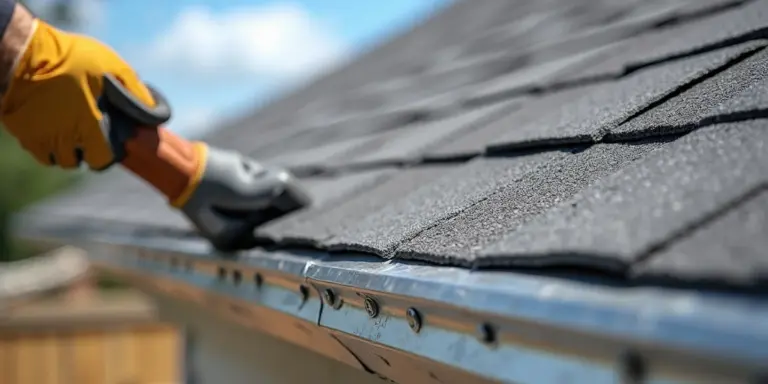 Close-up of a gloved hand installing a metal drip edge along a shingled roof with a gutter nearby.