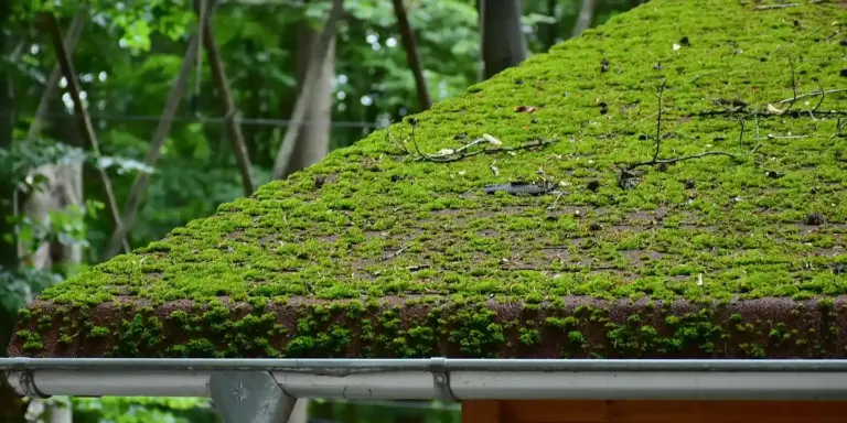 Moss-covered roof edge with a metal gutter along the eave.