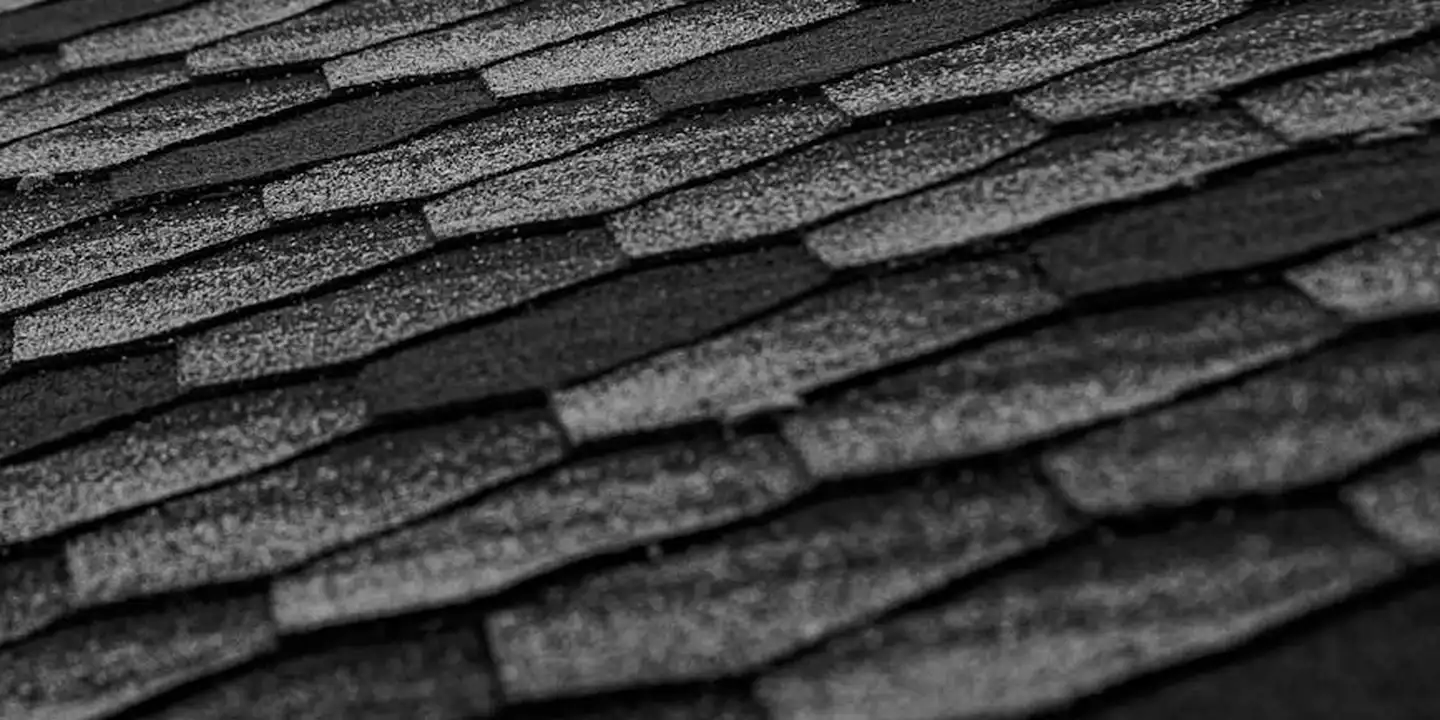 Close-up of overlapping asphalt shingles on a roof, showing wear and surface texture in grayscale.