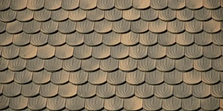 Close-up of overlapping curved roof shingles.