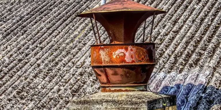 Rusty metal chimney vent on a weathered shingled roof with visible wear and gaps.