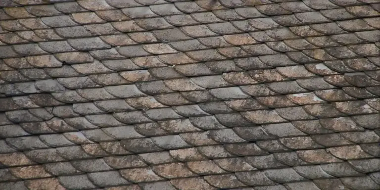 Close-up of weathered roof shingles with uneven, sagging rows.