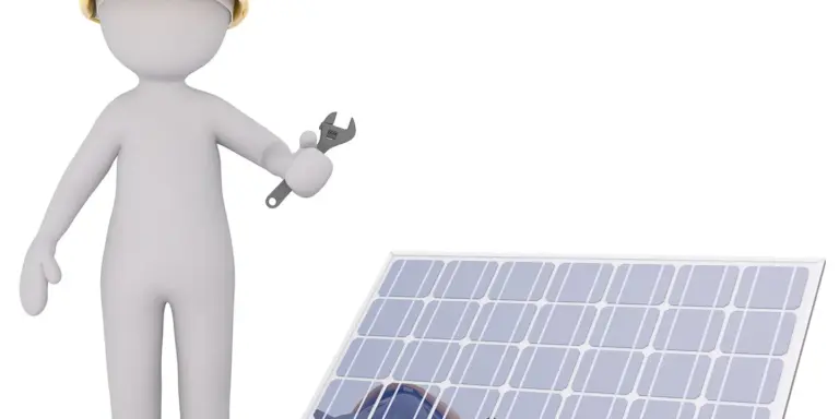 3D white construction figure wearing a yellow hard hat holds a wrench beside a solar panel