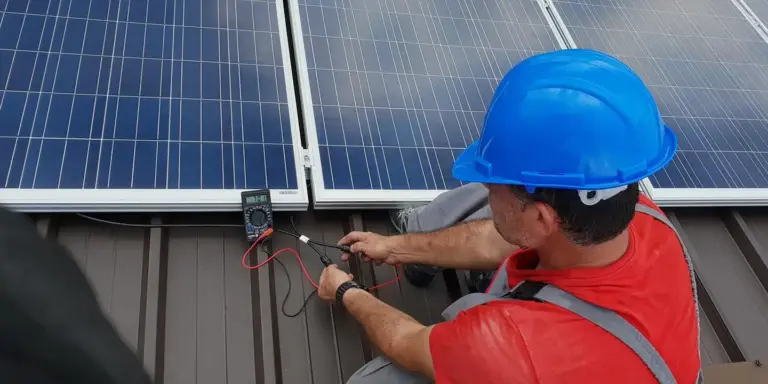 A technician in a blue hard hat installing solar panels on a residential roof, handling wiring.