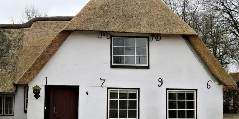 A white-walled cottage with a steep thatched roof, illustrating fire safety considerations in thatched-roof construction and maintenance.