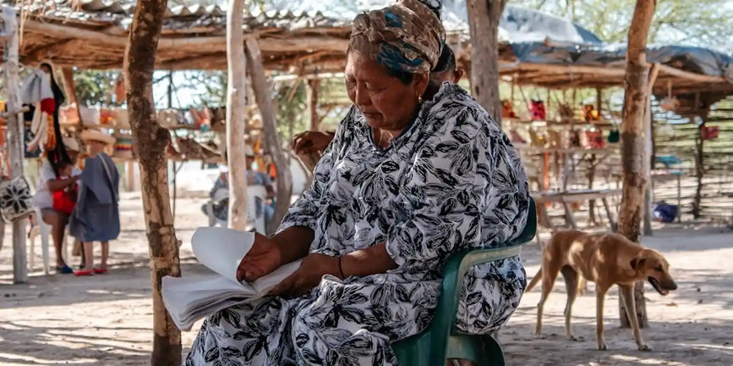 A person sits under a rustic thatched shelter, reviewing documents with a notebook, while a dog walks in the background.