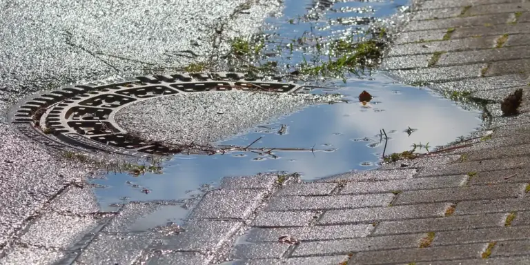Manhole cover in a brick-paved street with a large puddle reflecting the sky.
