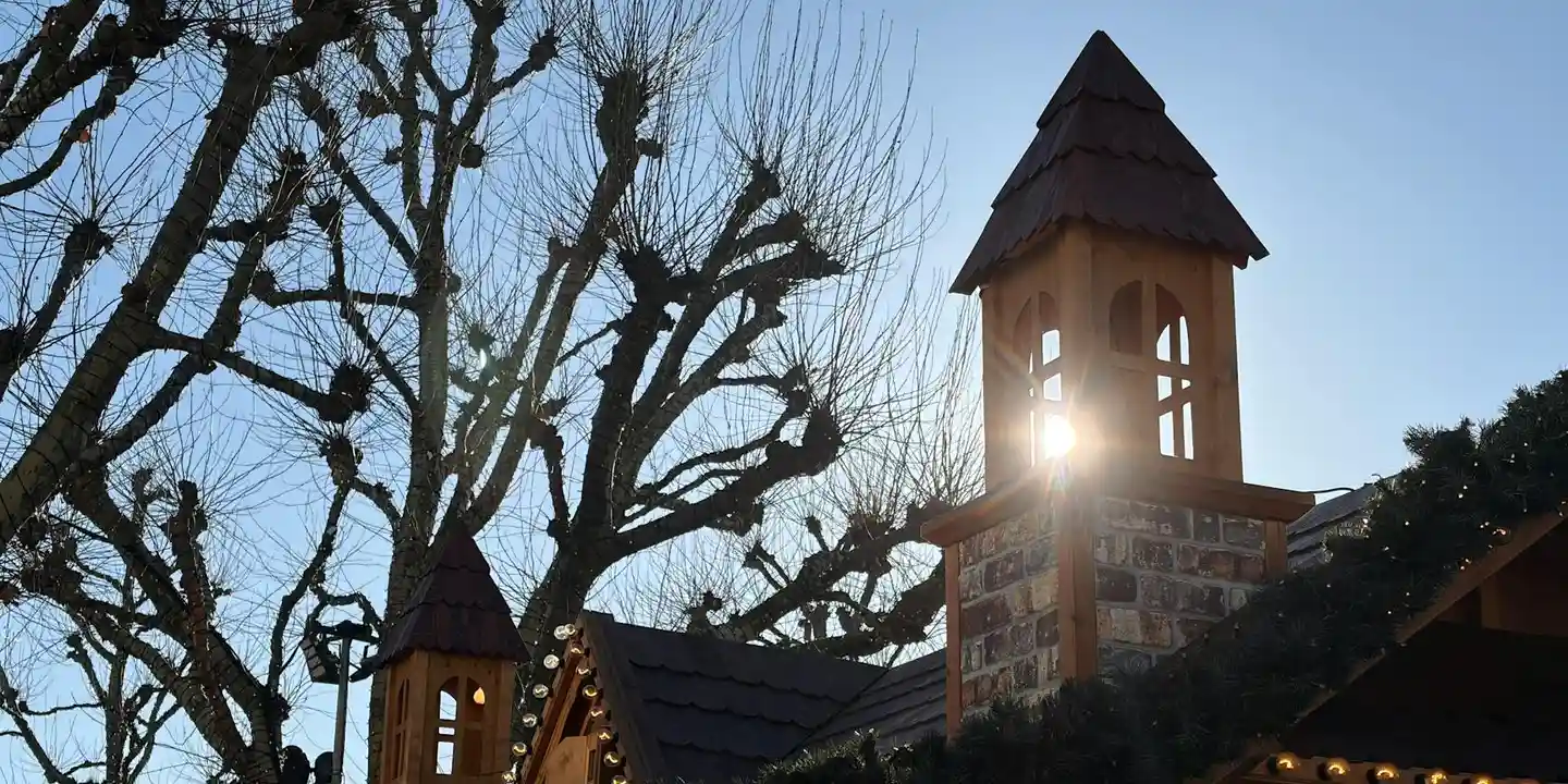 A roof with a small steeple-like structure and bare trees in the foreground; sunlight shining through, suggesting a storm aftermath.