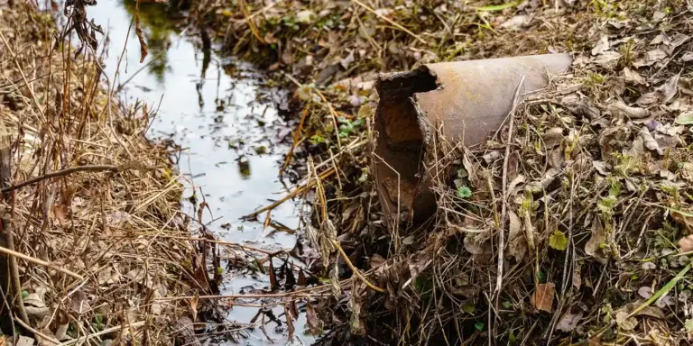 Clogged, weathered gutter with leaves and standing water, illustrating debris buildup