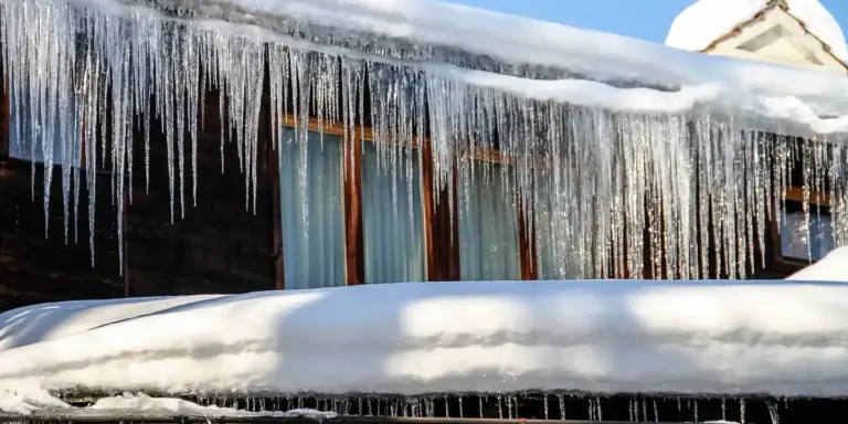 Icicles hanging from a snow-covered roof gutter in winter