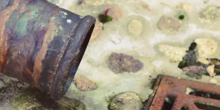 Close-up of a rusted gutter outlet and downspout with a weathered, mossy background.