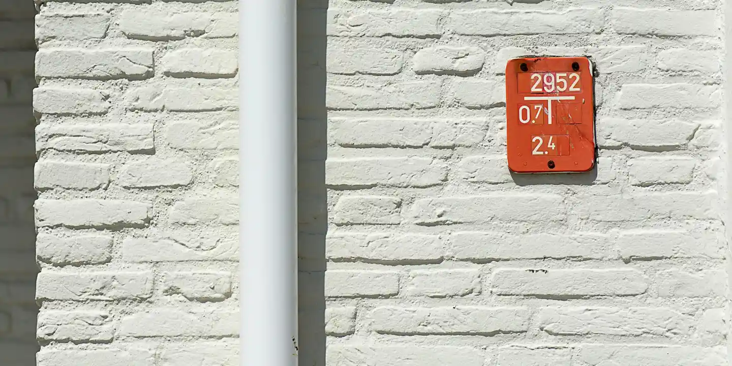 White brick wall with a vertical white downspout on the left and an orange wall plaque on the right.