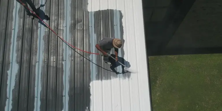 Two workers on a sloped metal roof wearing safety harnesses, installing or inspecting roof fascia and soffit along the edge.