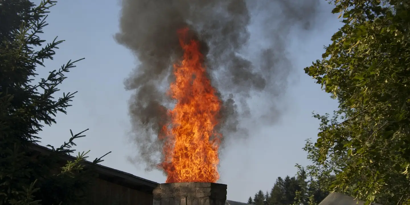 Gas vent on a roof with a bright orange flame and dark smoke rising, surrounded by trees.