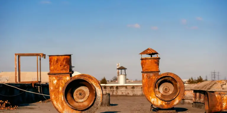 Rusty circular rooftop vent ducts on a flat roof with a clear blue sky